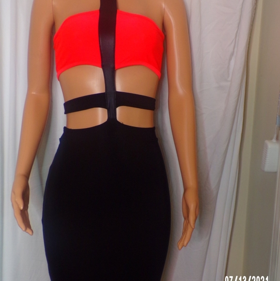 Black and Neon Orange Party Dress Medium - Picture 2 of 3